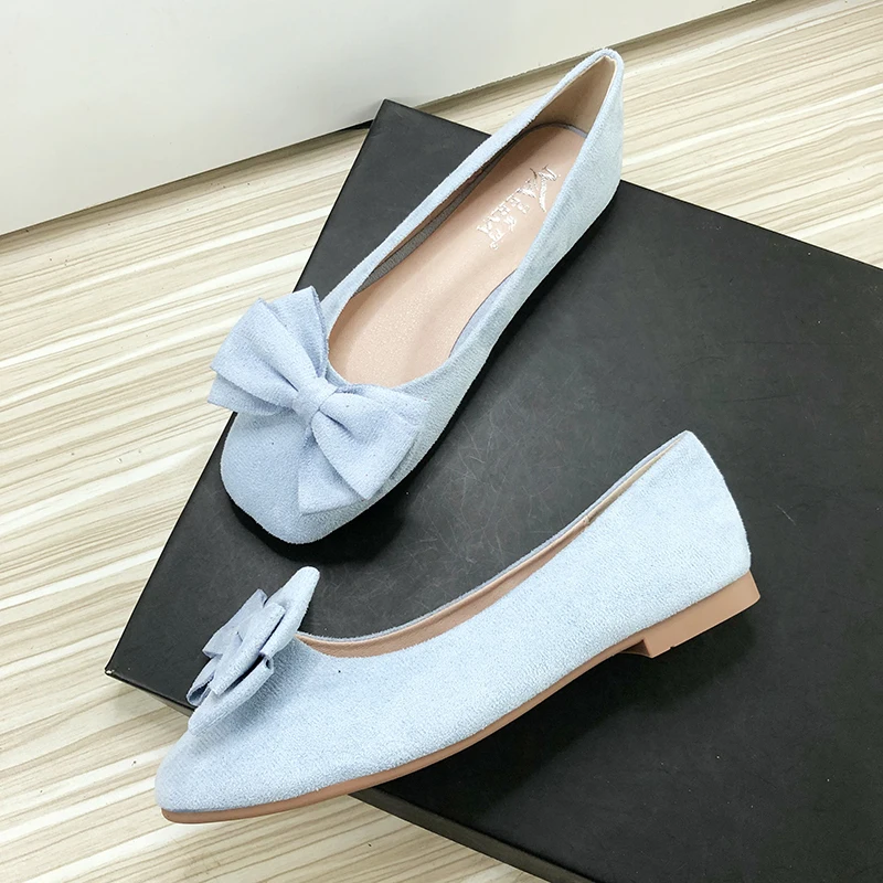 Women Flats Boat Shoes Sky Blue Round Head Bowknot Size 33-43 Flat Shoes for Female Velvet Leather High Quality Summer Shoes