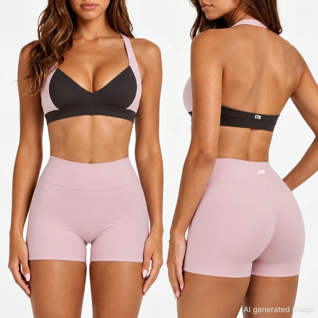 CS-B Women Color Block Halter Sports Bra Fold Waist Flared Yoga Pants Biker Shorts Soft Stretch Pilates Gym Workout Activewear