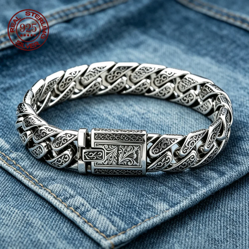 Heavy Duty Biker Cuban Link Bracelet Men Oxidized S925 Silver Vintage Scroll Carving Thick Curb Chain Punk Mens Wrist Jewelry
