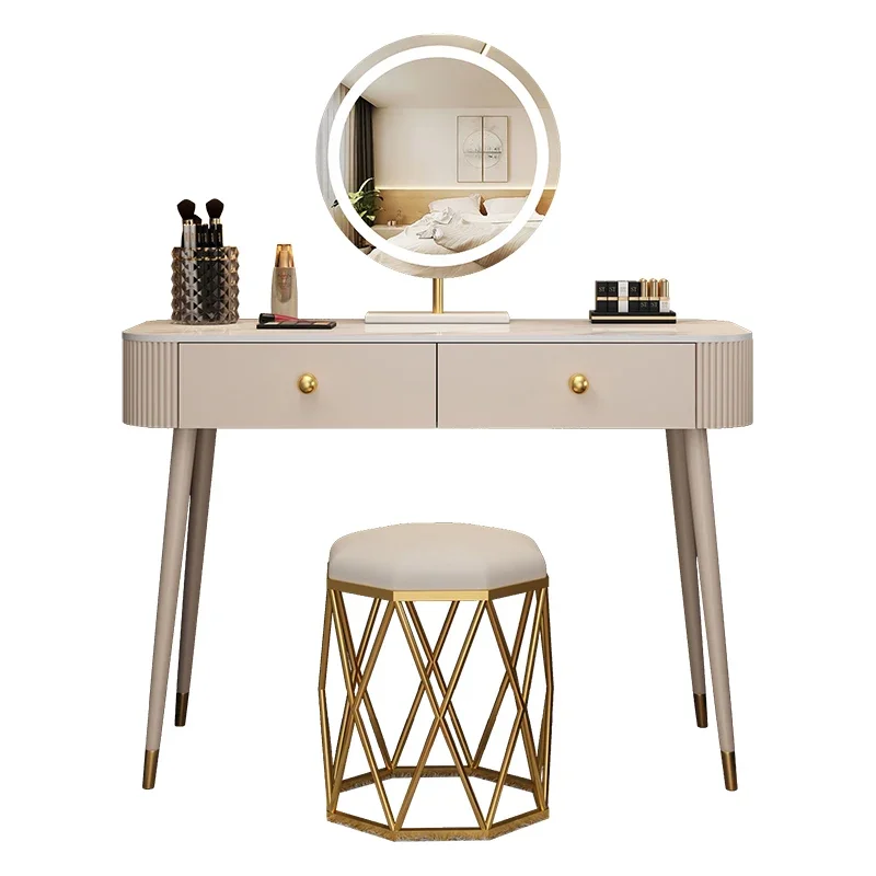 Vanity Table  Simple Mirror Stool with Lamp Storage Drawer Dressing Bedroom Simple Modern Table Wood Furniture HY