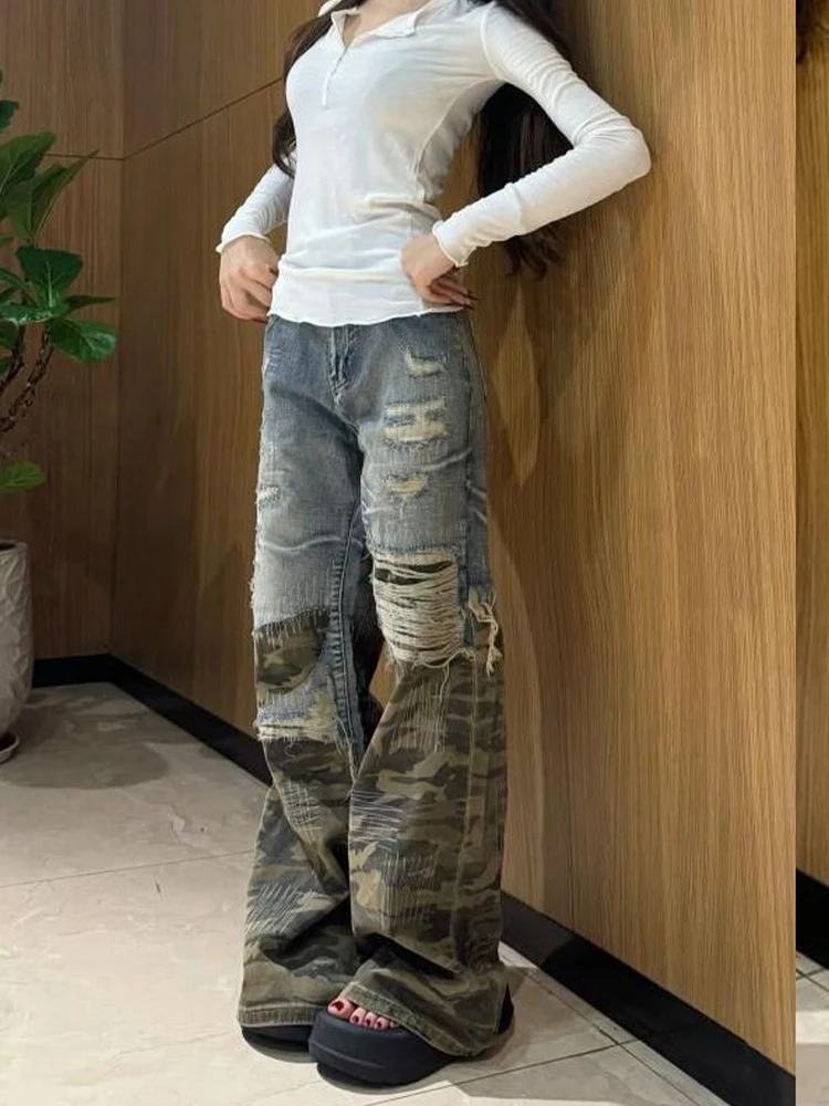 Women Gyaru Y2K Camouflage Patchwork Flare Low Rise Damage Denim Pants Hole Bell-Bottom Long Trousers Jeans Punk Trumpet Pants