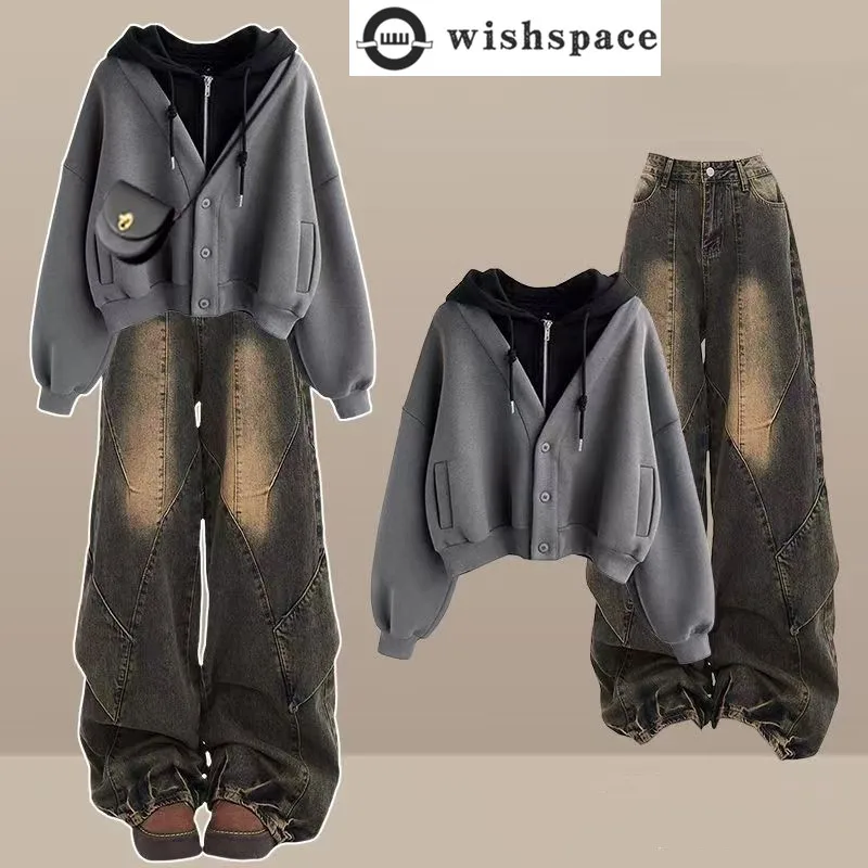 

Fashion Women's Set Autumn and Winter New Korean Hooded Top+casual Retro Jeans Two-piece Set