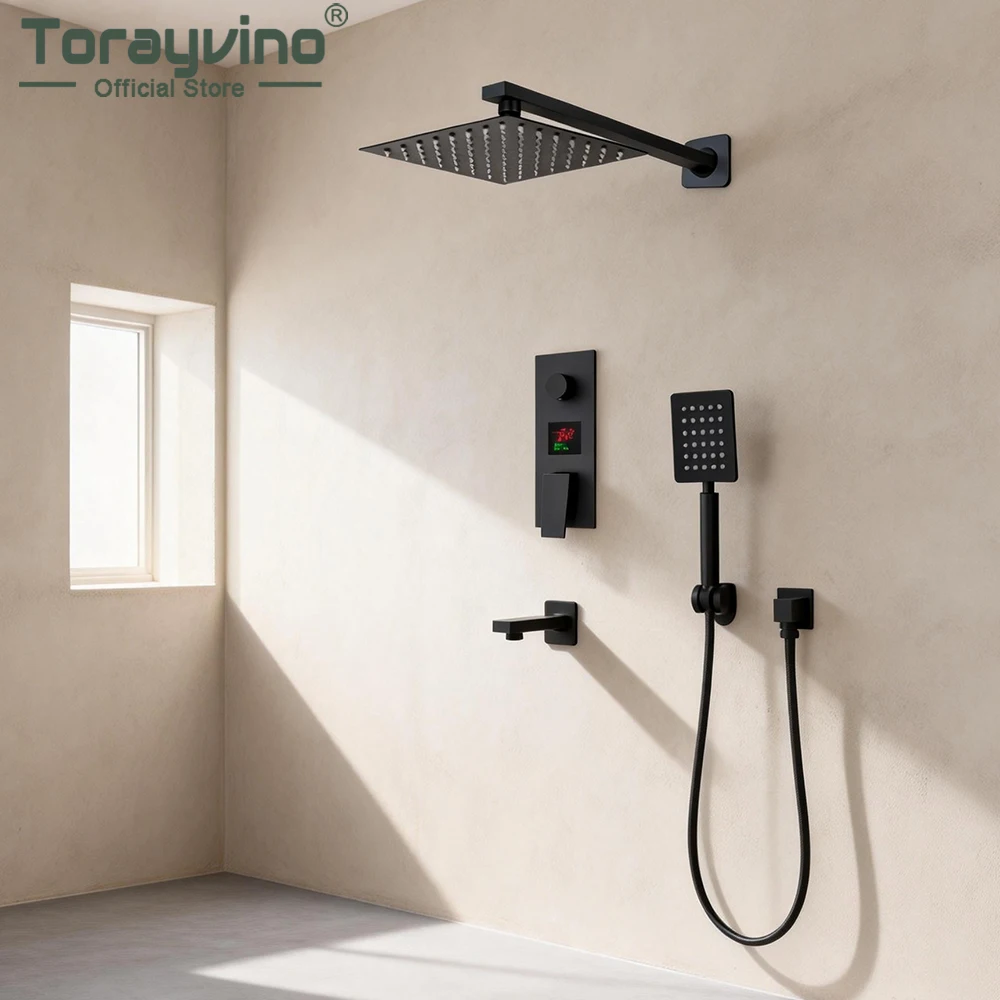 Torayvino Black Bathroom Shower Faucet Set 3-Functions Digital Shower Tap Rainfall Head 2-way Digital Display Mixer Faucets