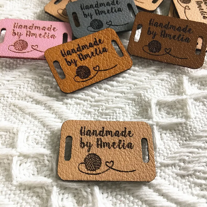 30pcs Leather labels for handmade items Custom logo tags for Knit clothing Personalised sewing crochet hats label Laser engraved