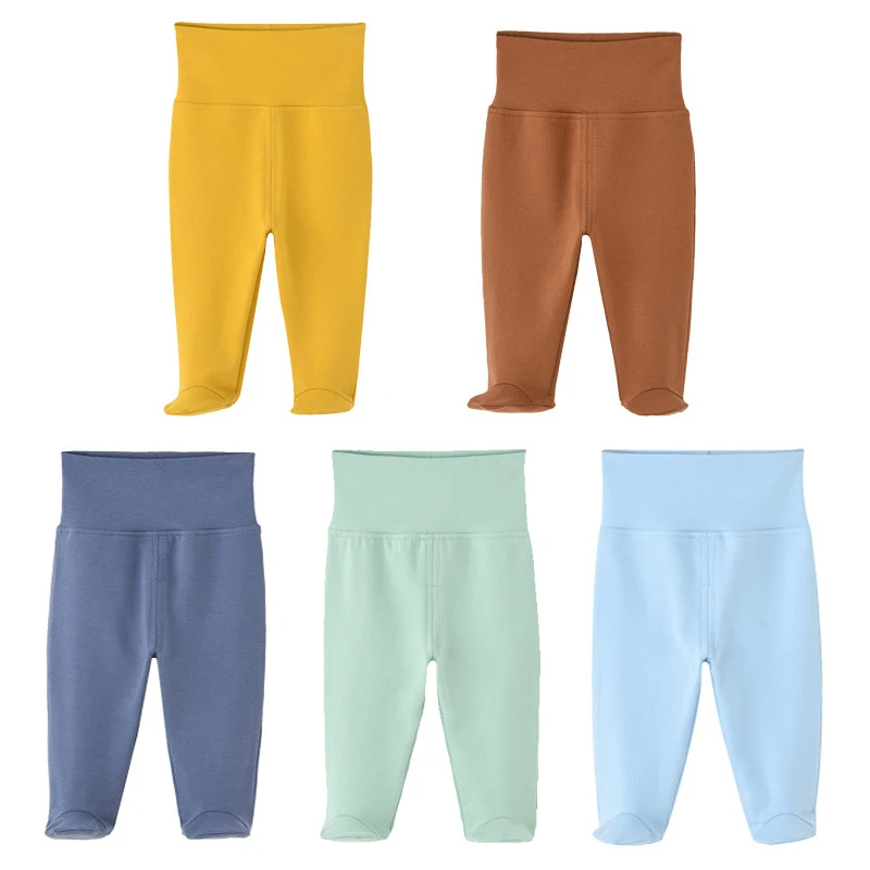 

5pcs Baby Long Pants Elastan High Waist Protect Belly with Footies Solid Candy Colors Good Cotton Crotch can be Cut Opened