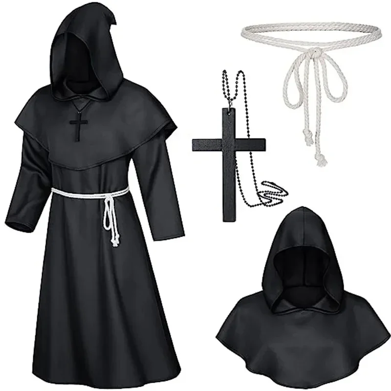 2025 newhalloween feiticeiro cosplay monge medieval com capuz robe traje máscara chapéu para homens steampunk sacerdote horror masquerade unisex aa