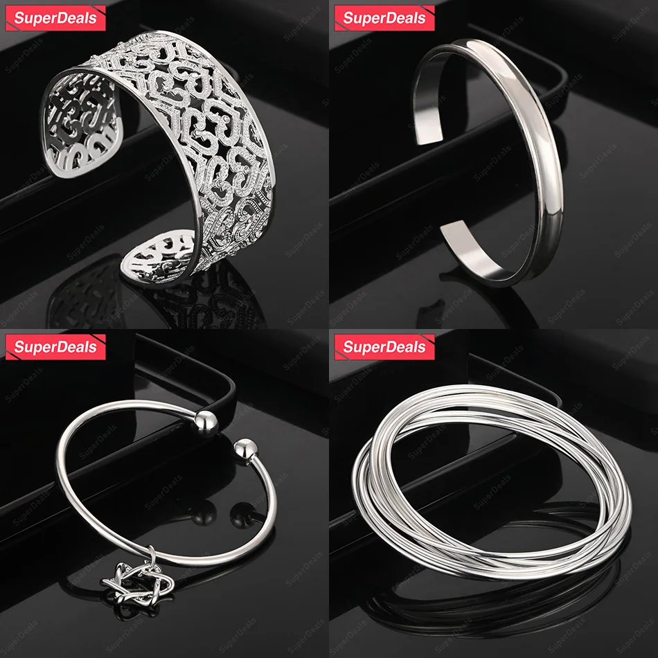 

SuperDeals 925 Sterling Silver Star Of David Smooth Round Love Heart Pattern Bangles Women Fine Jewelry Birthday Christmas Party