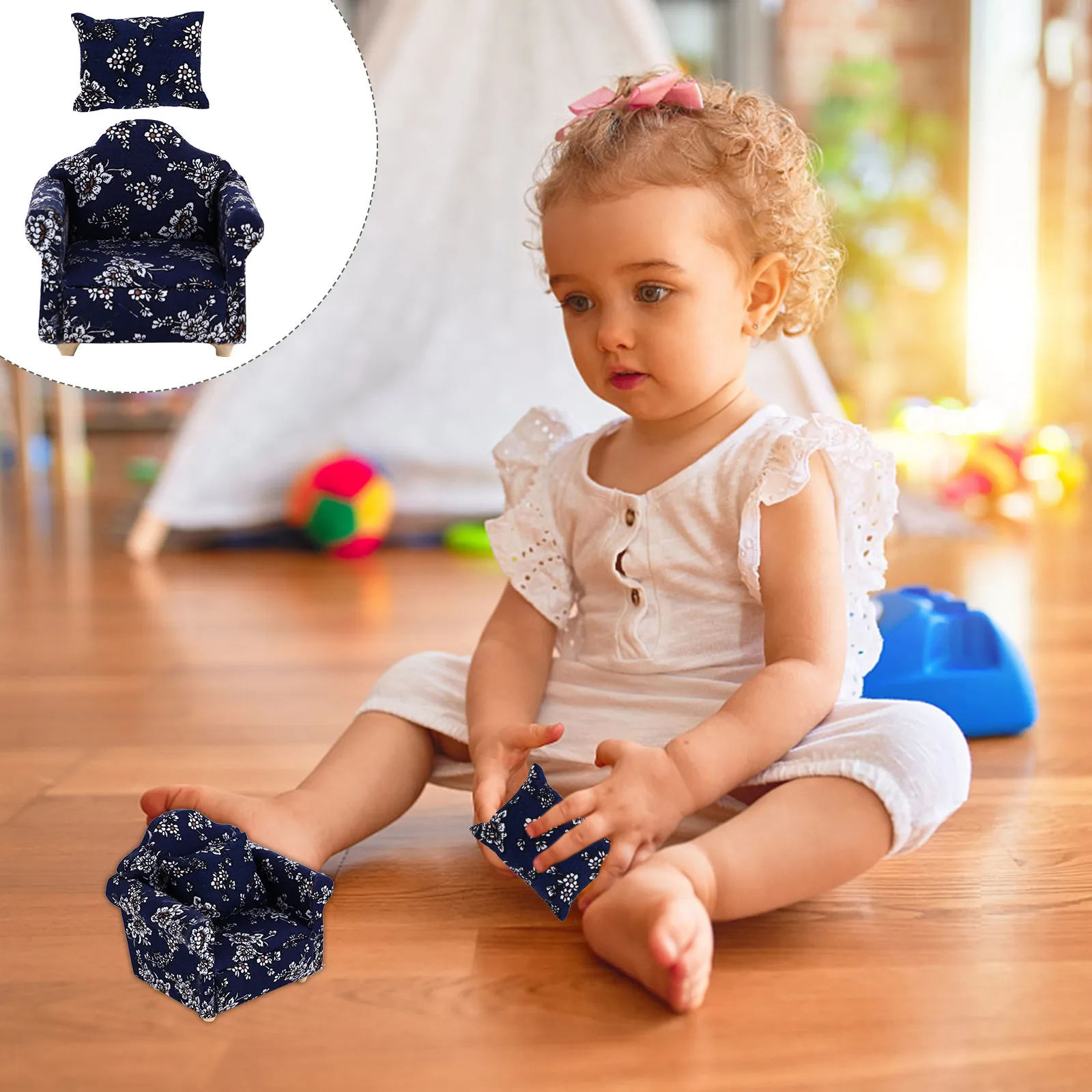 

Миниатюрный синий диванчик с цветочным узором, ручная работа, идеально подходит для кукольного домика, вечеринок, романтических мест, мини-диванчик с подушкой