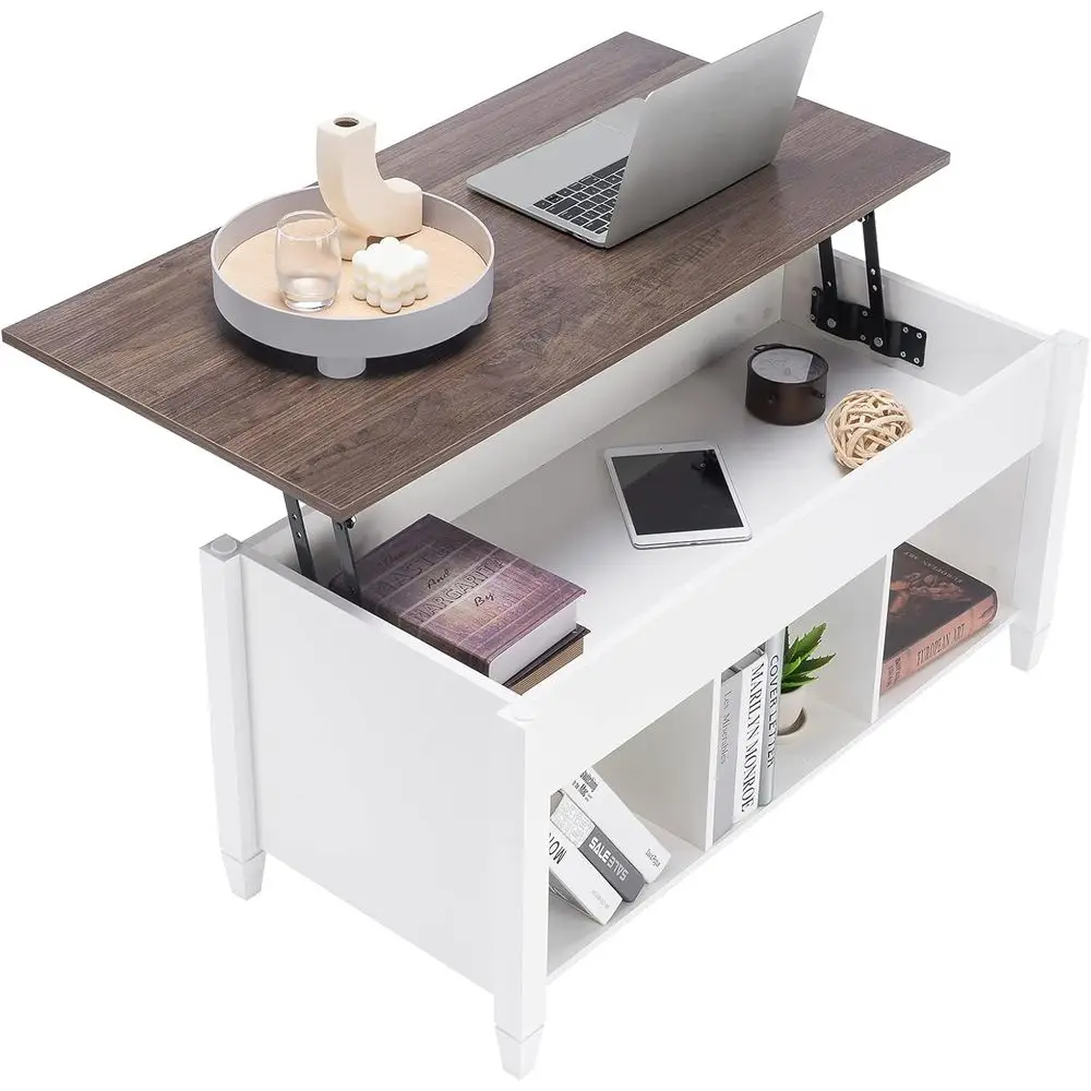 

Lit Top Coee Table with Storage Shel w/Hidden Comparent and 3 Lower Open Shelves or Living Room,White