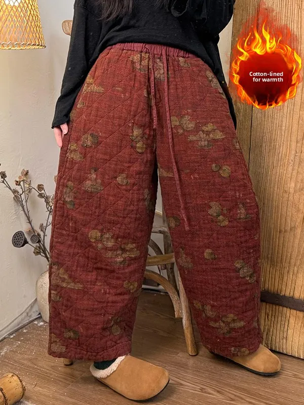 

Теплые хлопковые льняные брюки с принтом и завязками на талии для женщин больших размеров, свободные брюки в этническом стиле, осенне-зимние брюки