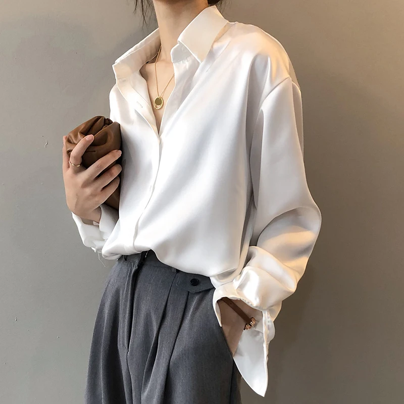 New Spring Turn-down Collar Women Shirt White Loose Satin Solid Blouse Women Tops Casual Button Silk Shirt Woman Blusas 11355