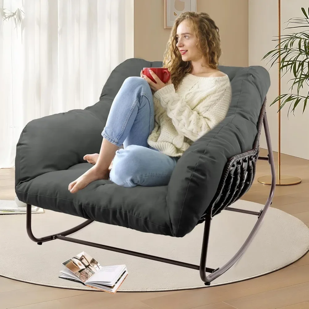 Oversized Patio Rocking Chairs with Padded Cushion& Pillow-Comfortable Rocker Egg Chair for Front Porch