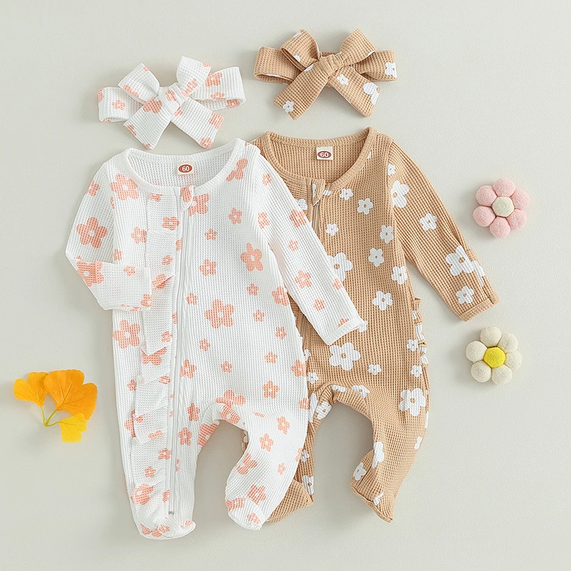 

Mildsown Infant Baby Girls Footed Jumpsuit Floral Print Long Sleeve Front Ruffle Diagonal Zipper Romper Bow Headband Fall Outfit