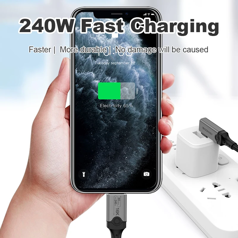 DOONJIEY Thunderbolt 5 90 Degree USB C Cable 80Gbps 16K@60Hz PD 240W 5A Fast Charging Type C Data Cable for MacBook Pro Air