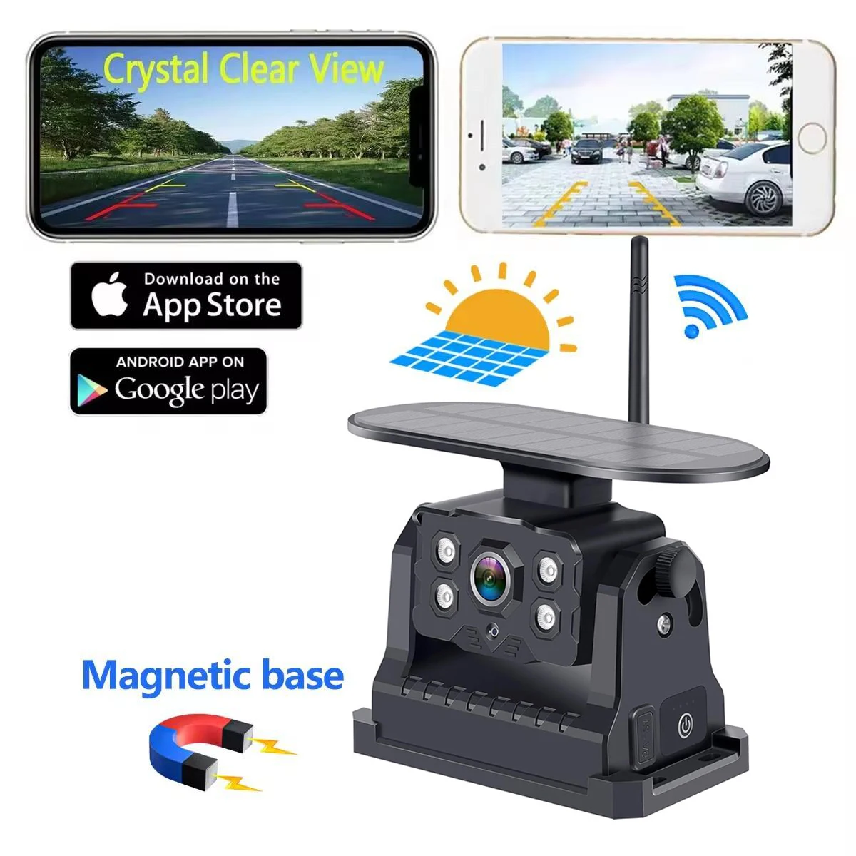 

Wireless WiFi Solar Backup Camera Magnetic Base AI Blind Spot Alarm Backup for iOS Android Bus Van Truck RV Front Rear View Cam