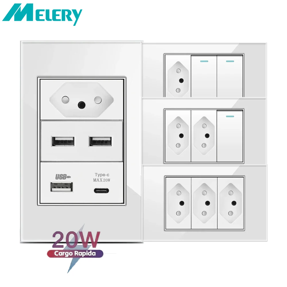 Melery Brazil White Tempered Glass&Plastic Wall Socket USB Type C Power Plug Outlet 20A BR Tomada Pressure Switch Home Office