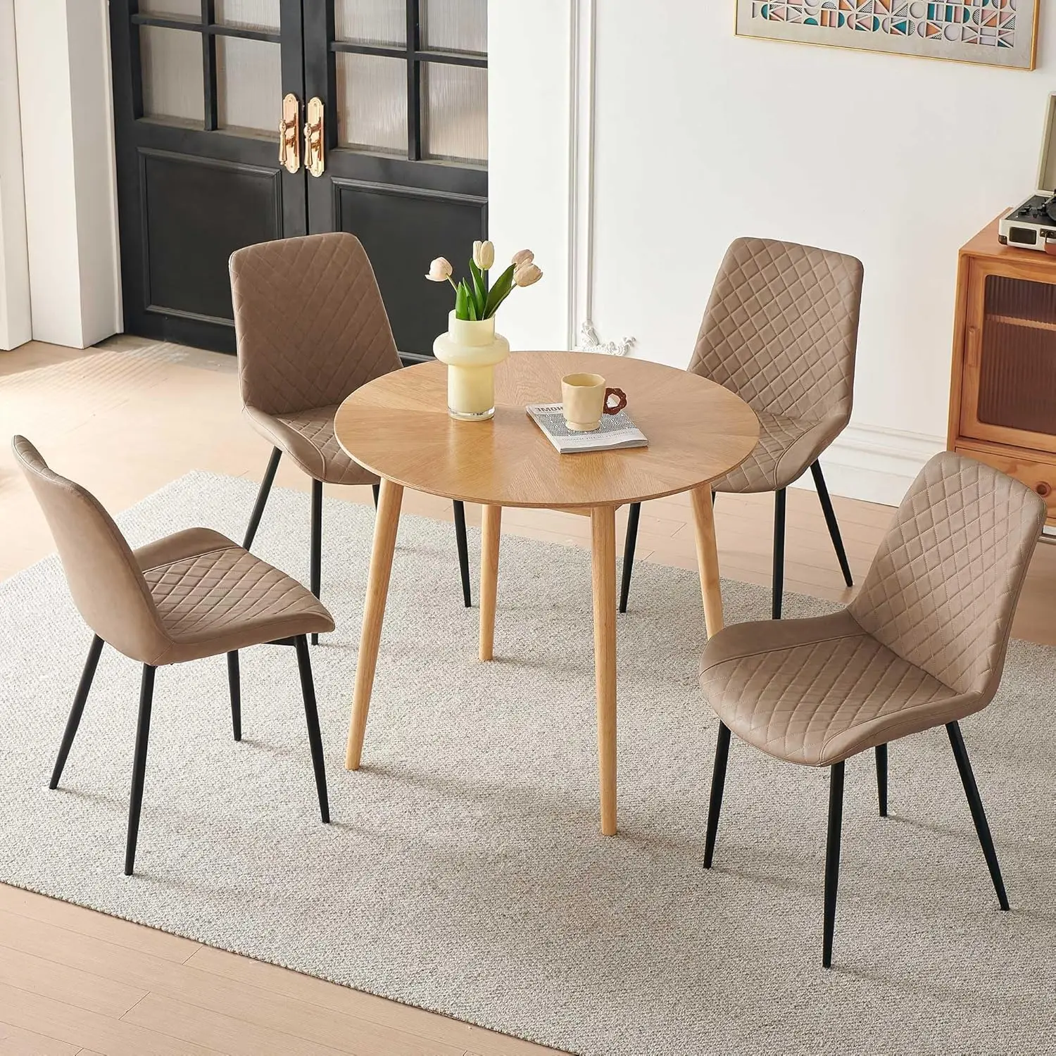 Small Round Kitchen Table Set For 4, 5-Piece Breakfast Dining Table Set With Manufactured Wood Table And 4 Seated Beige