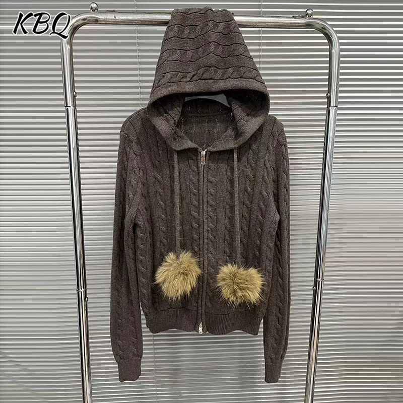 

KBQ однотонный свободный вязаный свитер с перьями для женщин, повседневный свитер с капюшоном и длинными рукавами в стиле пэчворк на молнии, женское новое пальто