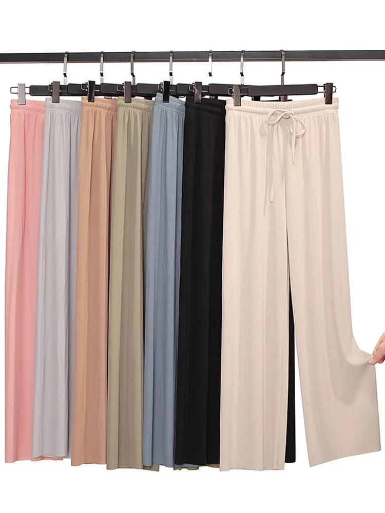 Women Solid Color Fashion Summer Cool Wide Leg Straight Leg Casual Comfortable Elastic Waist Knitted Pants