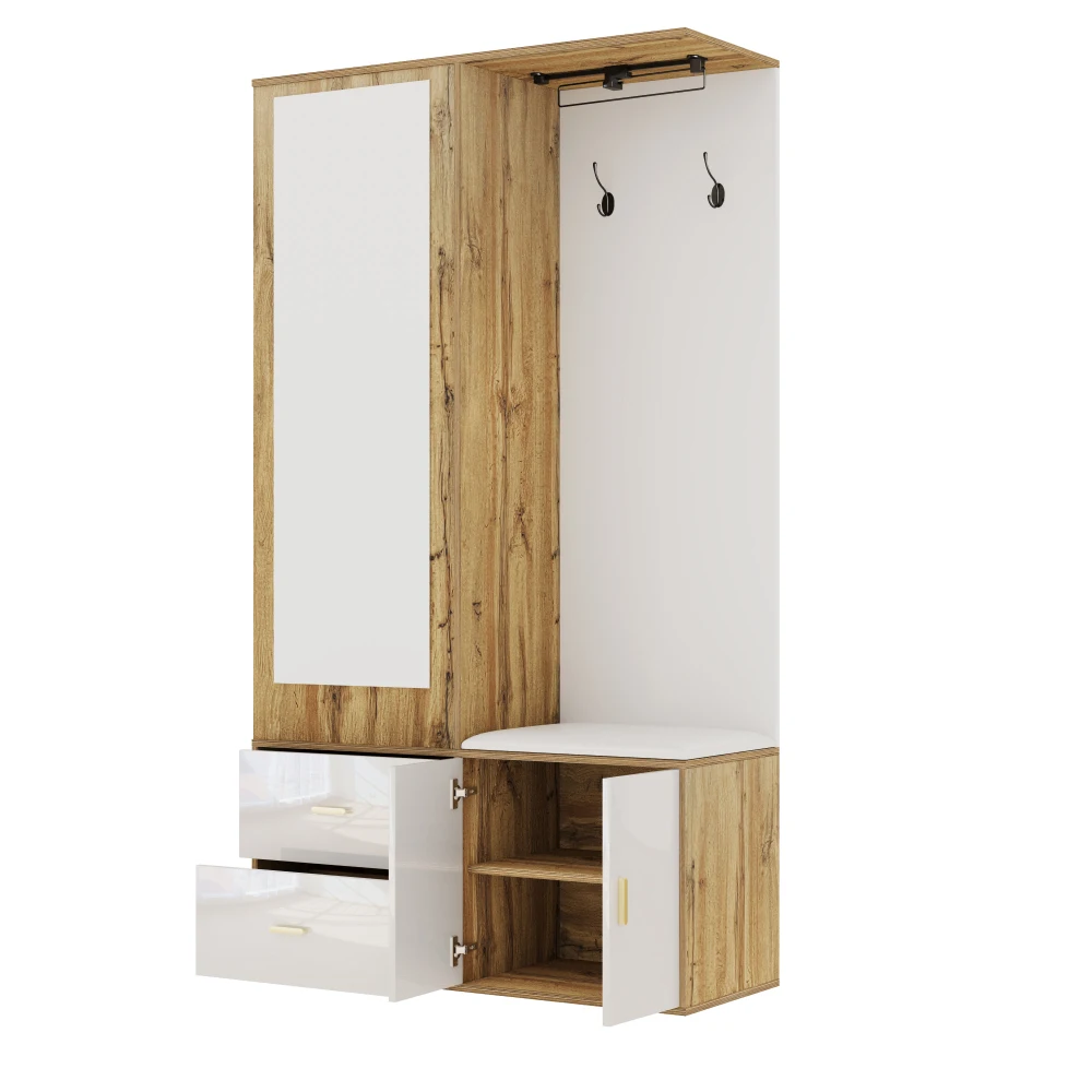 PINGGO Edles Garderoben-Set mit Spiegel, Schuhschrank, Schuhbank mit Haken, ausziehbarer Kleiderstange in Weiß und Holzfarben – Detail 15