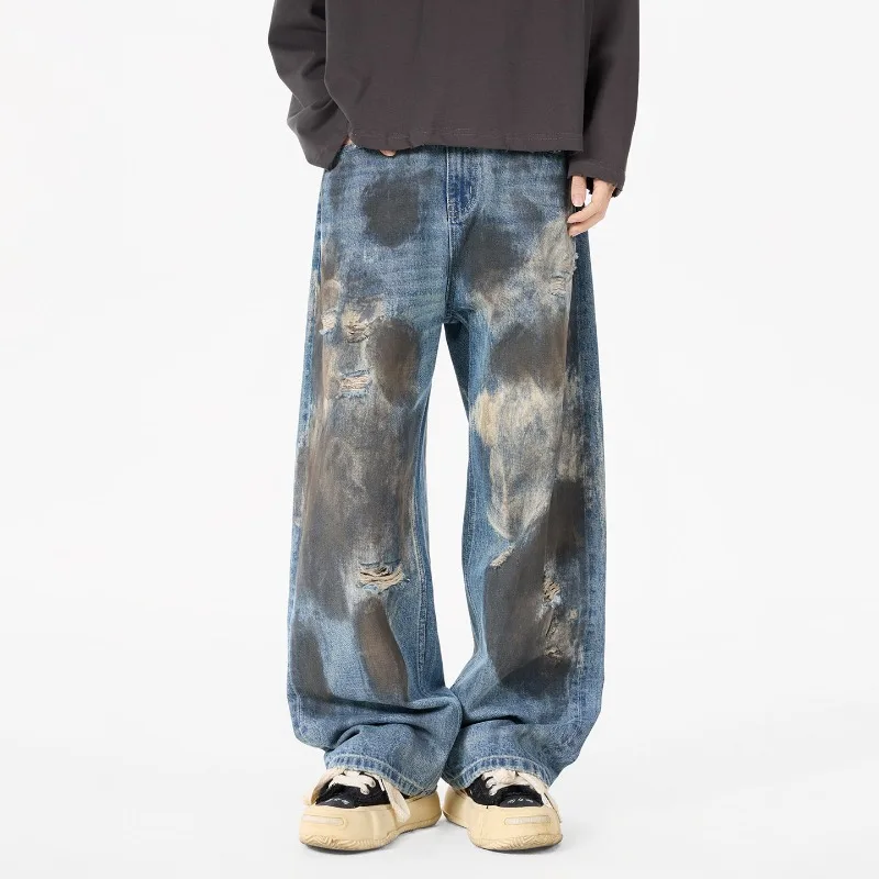 

Chic Wide Leg Men's Vintage Blue Jeans 2026 New American Style Streetwear Ripped Distressed Dirty Beggar Denim Pants