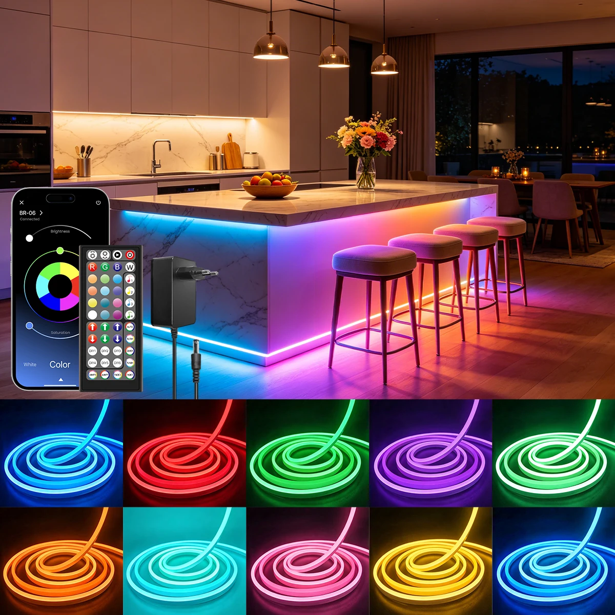 Intelligenter RGB Flexibler Neon-Lichtstreifen mit Doppelsteuerung, 16 Millionen Farben, Musik-Synchronisation, IP65 Wasserdichte LED-Lichterkette für Schlafzimmer und Partydekoration