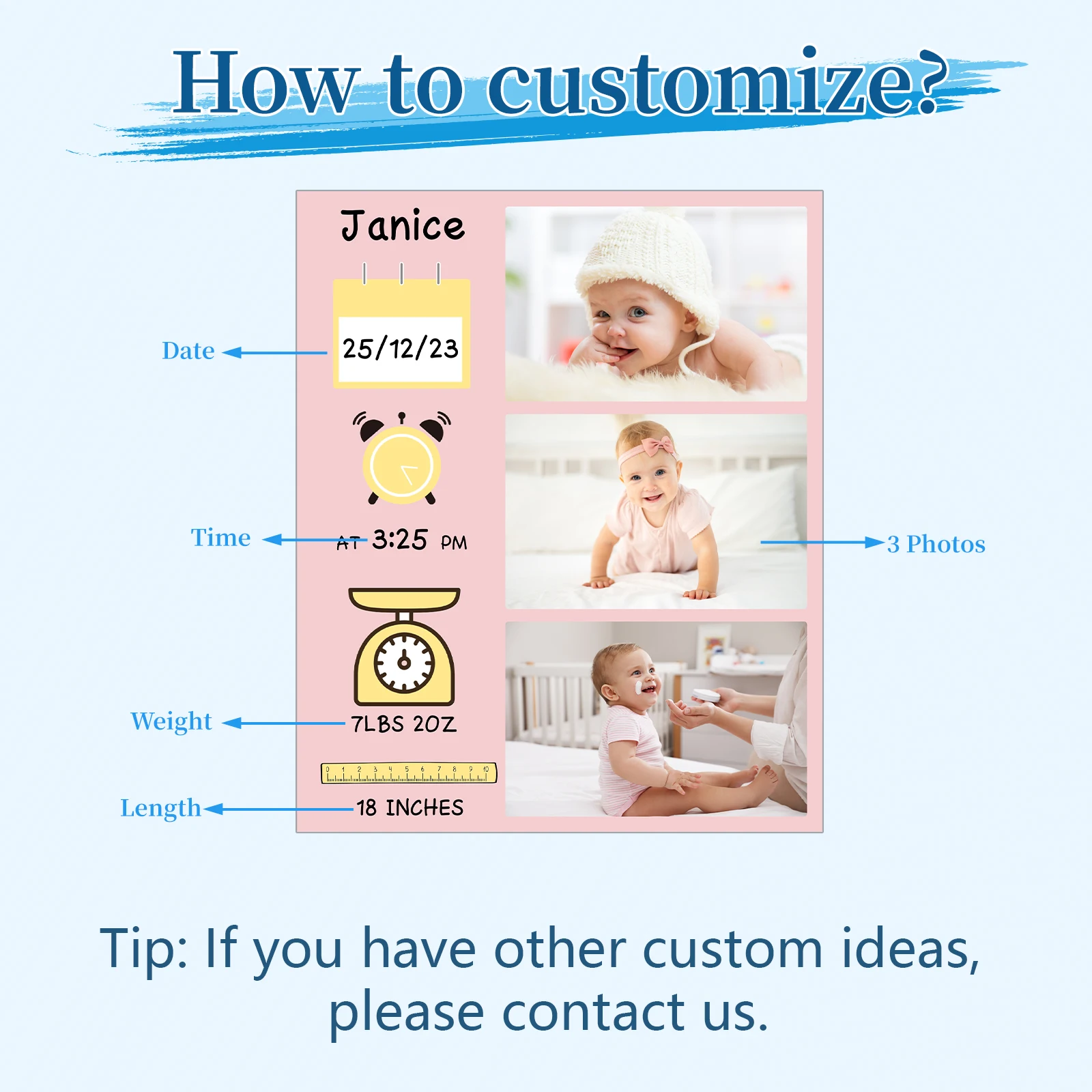 Personalized Birth Information Blanket for Newborn Unique New Parents Gifts Custom 3 Photos Blankets Nursery Decor for Boy Girl