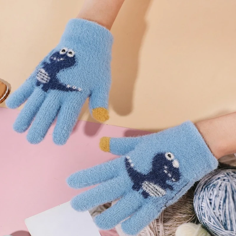 Guantes de punto bonitos para niños de 4 a 10 años, diseño de dinosaurio, Material de felpa grueso y cálido, guantes de invierno para dedos