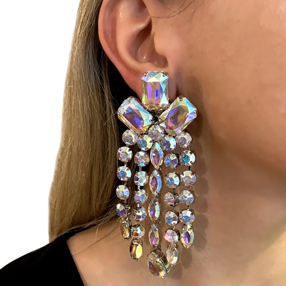 Stonefans Crystal Tassel Earrings for Women Free Shipping Drag Queen Accessories Statement Rhinestone Dangle Earrings Jewelry