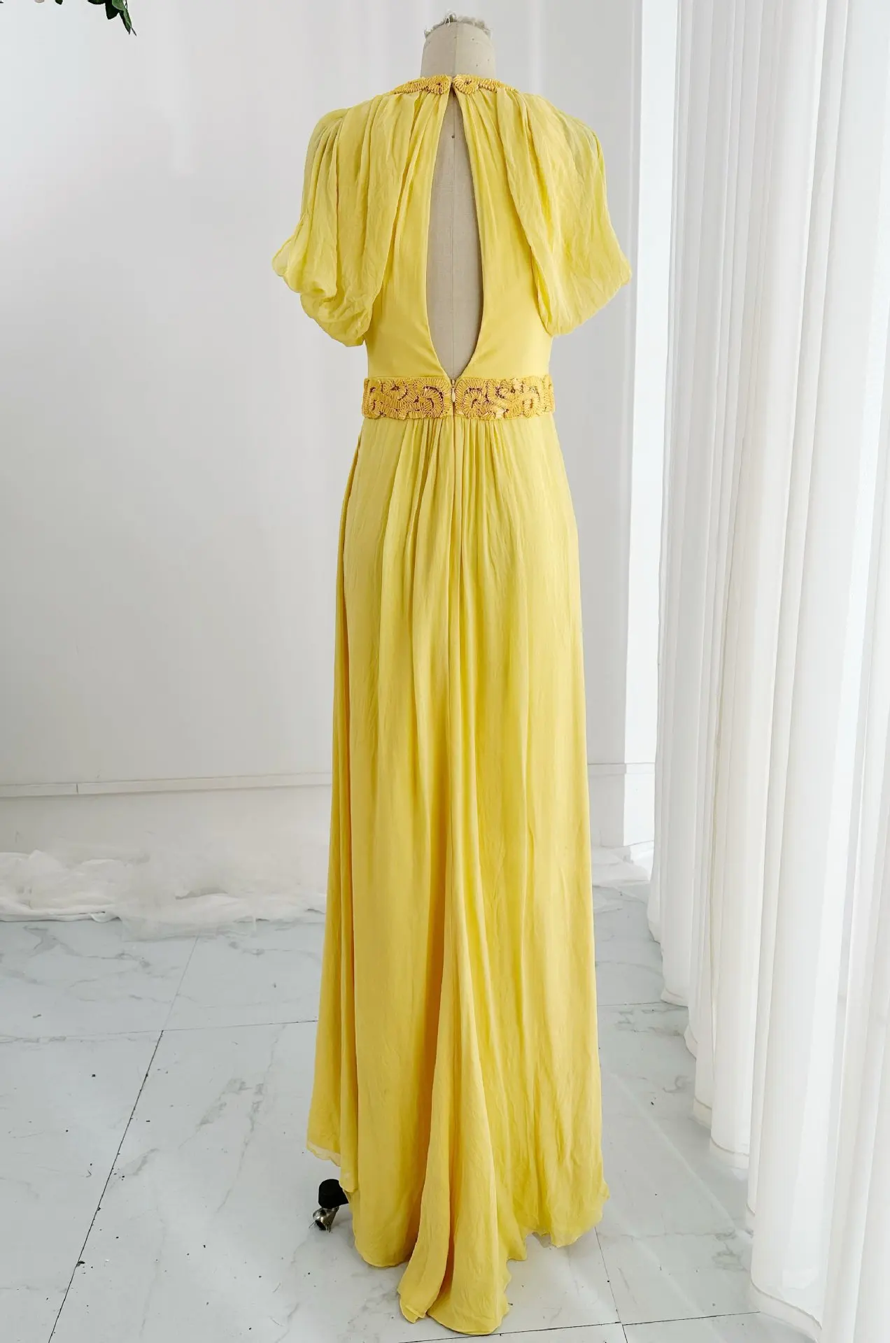 Yellow Mid -Sleeved V -Neck Simple Chiffon Slimming Shows Daily Party Can Wear Party Night Dress Skirt M2105