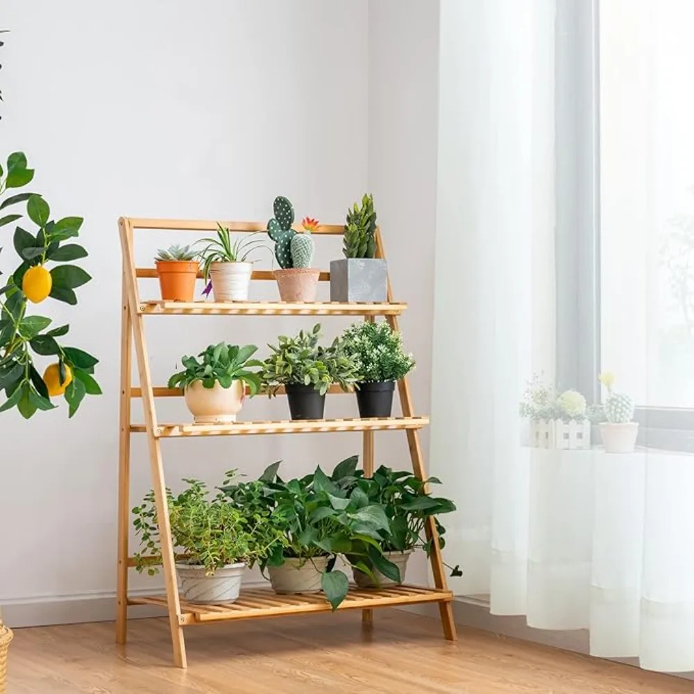 

3 Tier olding Storage Shel, Bamboo Ladder Plant Stand, Multiple lower Pot Holder Succulent Display Rack, oldable Shelving Unit o
