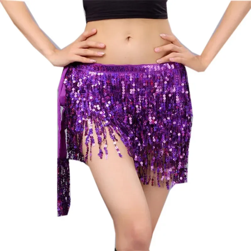 Women's Sequin Skirt Glitter Belly Dance Hip Mini Tassel Scarf Rave Wrap Belt Stage Performance Party Costume Cowgirl Outfit