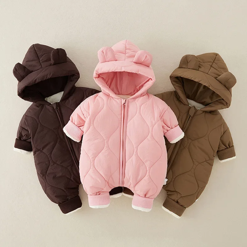 Ropa de bebé recién nacido de 0 a 3 años, pelele acolchado grueso con orejas de oso y capucha, mono cálido de invierno de Color caramelo, prendas de vestir exteriores
