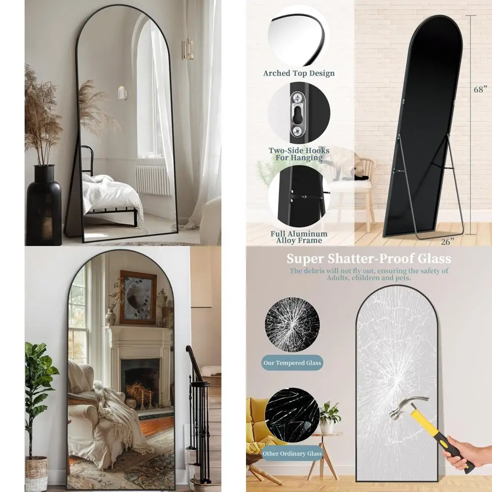 مرآة قائمة على الأرض مقوسة كبيرة، مرآة بإطار من الألومنيوم لكامل الجسم مقاس 68 × 26 مع حامل، مرايا كاملة الطول قائمة بذاتها للمنزل