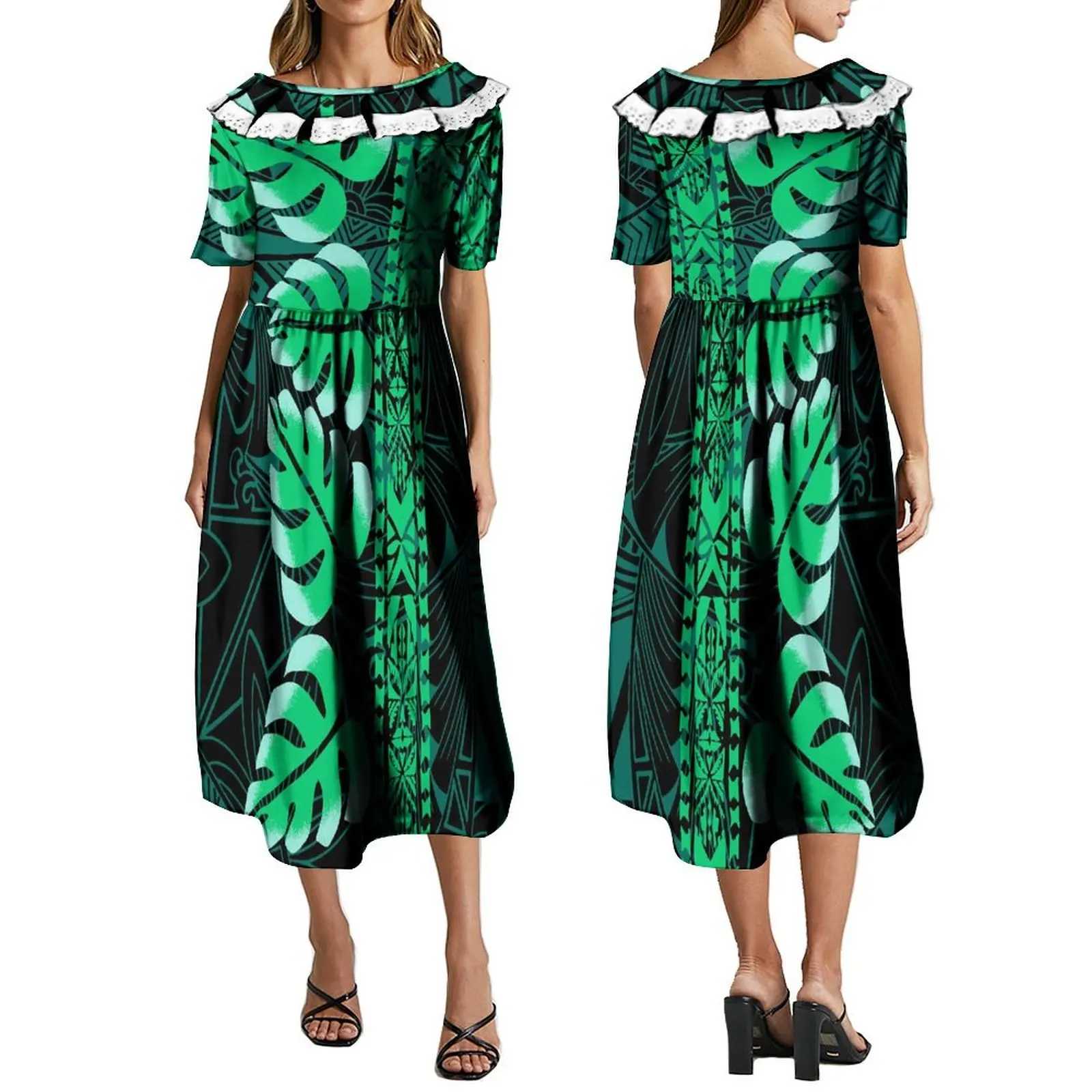 2024 New Long Dress Polynesian Summer Short Sleeve Ruffle Round Neck Dress Pacific Island Tribe Ethnic Design