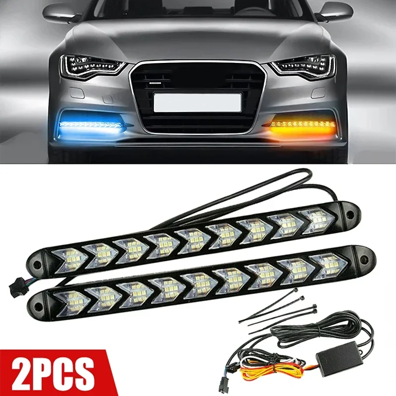 2Pcs Car Led Daytime Running Light Flexible Headlight Sequential Flow Yellow Turn Signal Light Decorative Driving Lights 12V