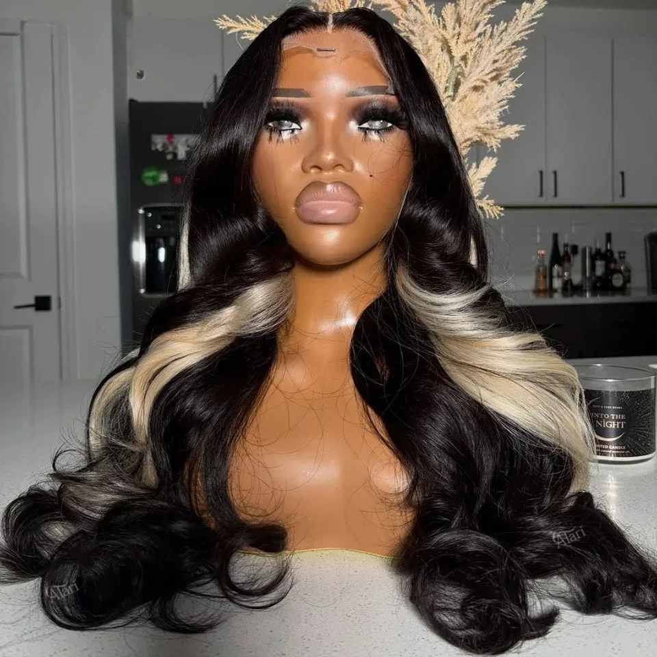 

613 Blonde with Black Highlight Lace Front Wig Synthetic Body Wave 13X4 Transparent Lace Frontal Wigs Glueless Pre Plucked