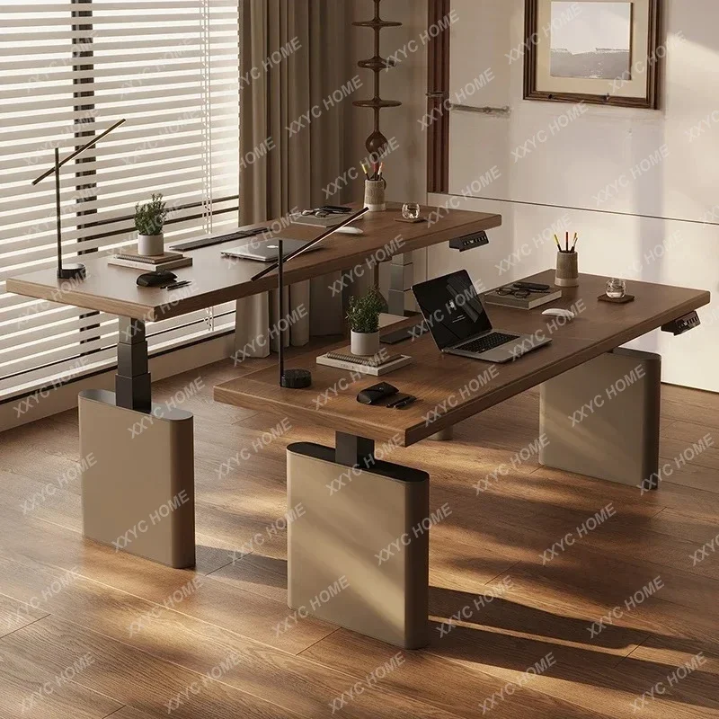 

QQSolid Wood Intelligent Electric Lifting Computer Desk Double Motor Walnut Home Desk Desk