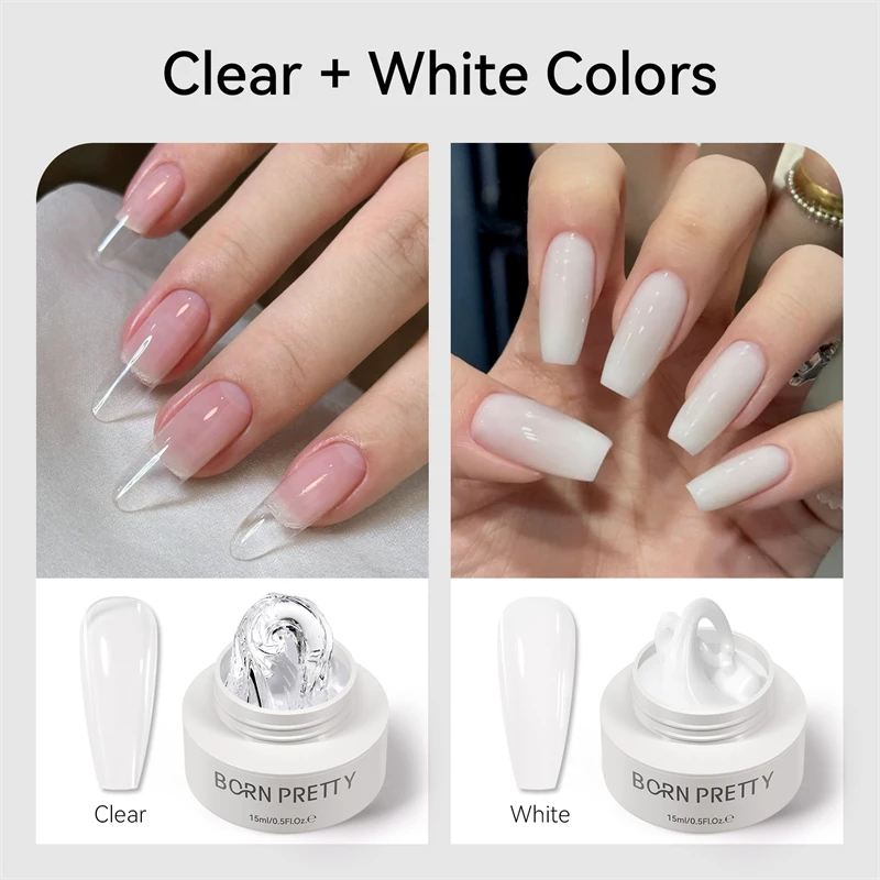 BORN PRETTY 15ml Clear White No Stick Hand Extension Gel Nail Kit With Nail Buffer Tips Mould 5D Sculpting Nail Art Prolong Gel