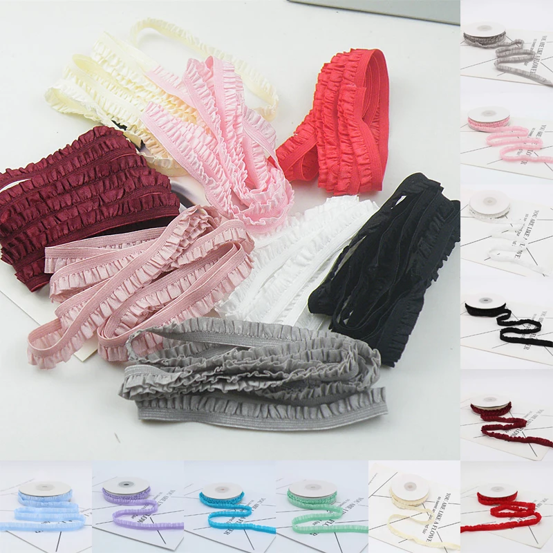 5yards 1cm Pleated Stretch Lace Trim Ribbon Ruffled Elastic Band Headdress Gift Box Bow Decorative DIY Craft Supplies