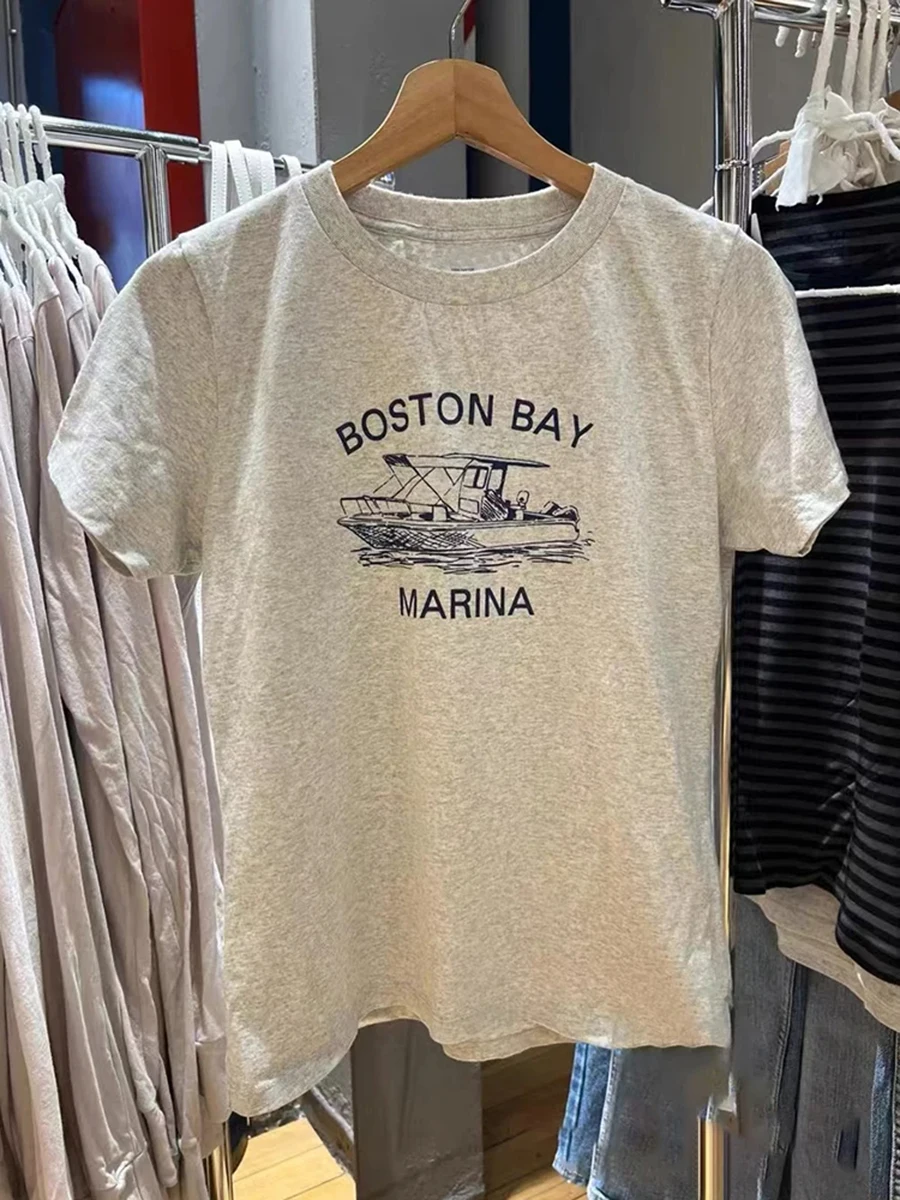 موضة إلكتروني طباعة القطن قصير الأكمام تيز المرأة الصيف رمادي ملابس الشارع الشهير بلوزات مستديرة العنق الملابس خمر شيك Y2K تي شيرت #4