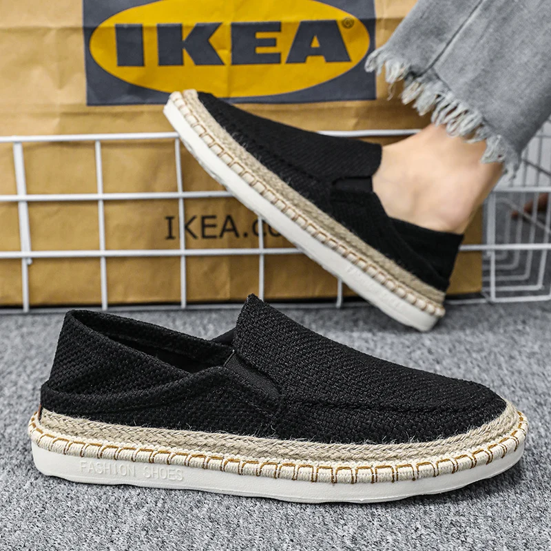 Linen Men's Shoes - Lazy Casual Loafers - One-Piece Slip-On Flat-Bottomed Shoes - Breathable Fisherman Shoes