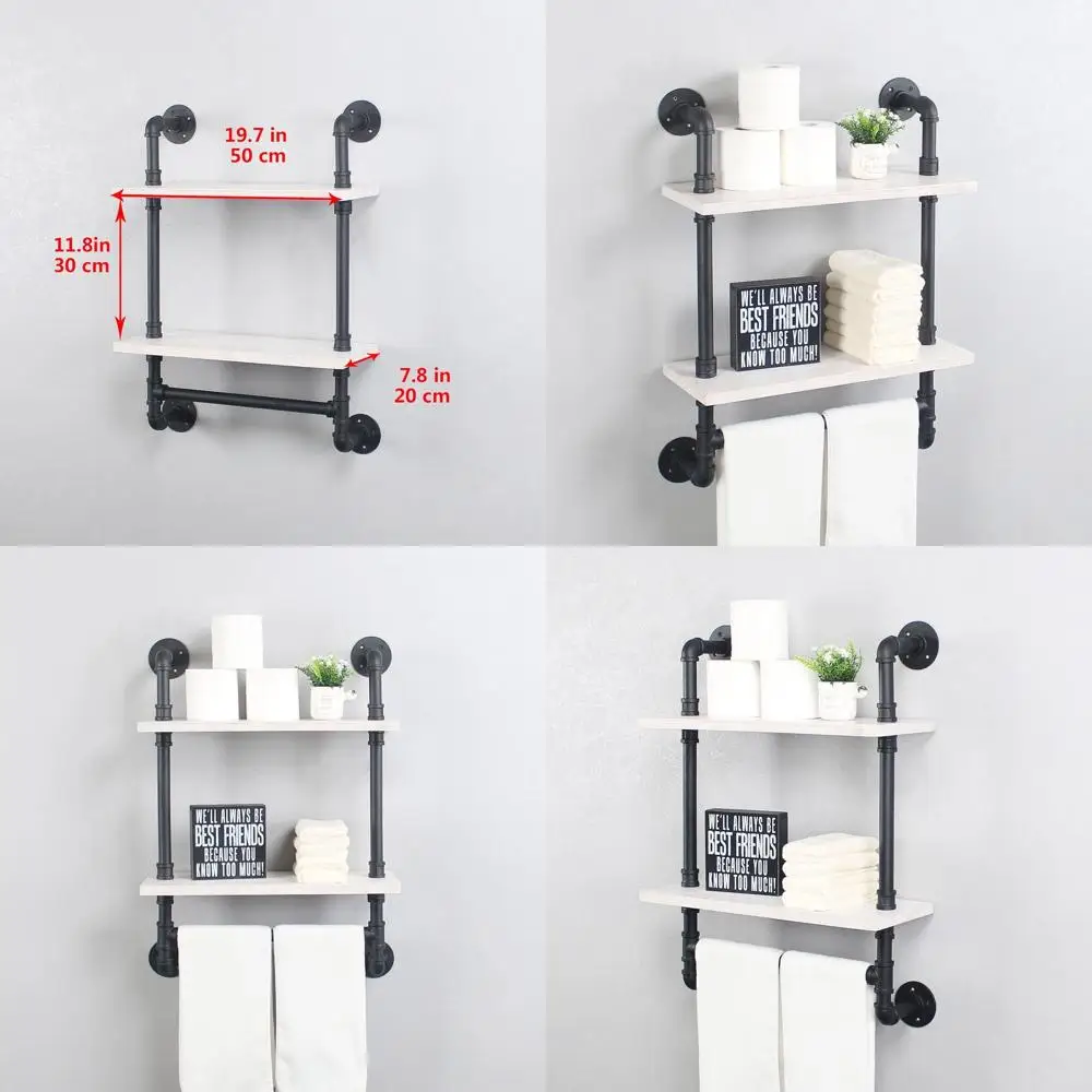 

Деревянная двухуровневая полка в деревенском стиле с держателем для полотенец, для хранения над унитазом, черно-белая