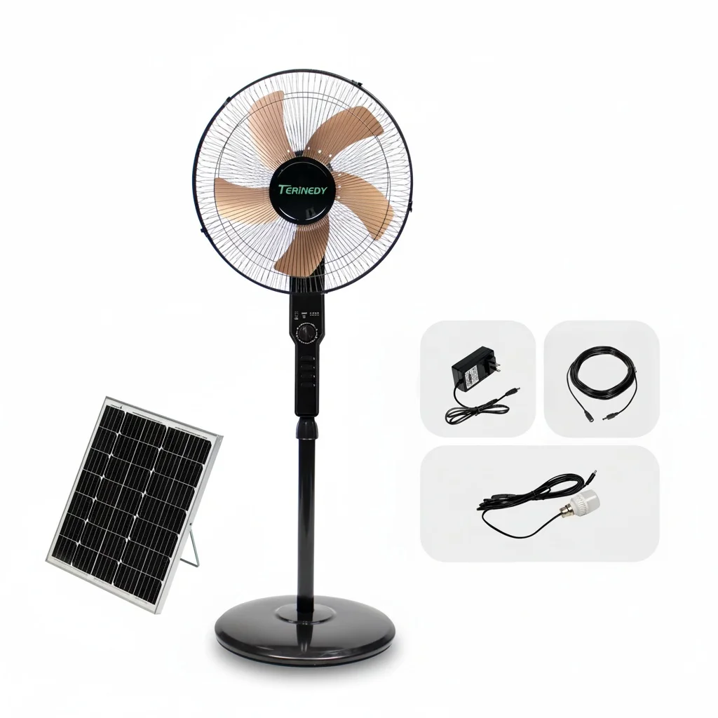 

16 Inch Pedestal Fan, Aluminum Alloy Blade Solar Rechargeable Stand Fan, DC AC Dual Power Oscillating Floor Fan for Home Office