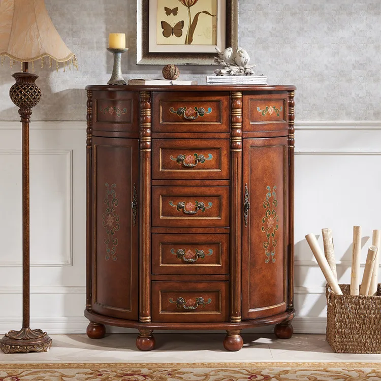 

Rural solid wood Wudou entrance walnut brown foyer semicircular table retro painting factory