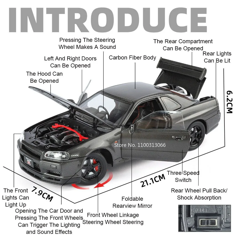 1:24 Scale GTR-R34 Cars Toys Miniature Metal Models Wheels Steering Vehicles with Pull Back Sports Car for Boys Birthday Gifts