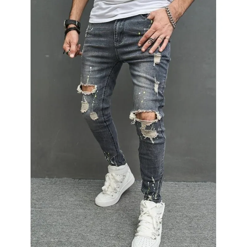 

Men's Low Waist Cuffed Jeans Non-Shrinkage Low Waist Drawstring Neutral Fabric Knee Ripped Denim Pants Spring Season