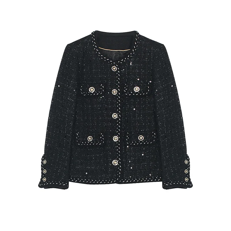 

Black Elegant Small Fragrance Sequins High Quality Autumn Winter Coat Women Fashion French Lady Tweed Basic Casual Loose Coat