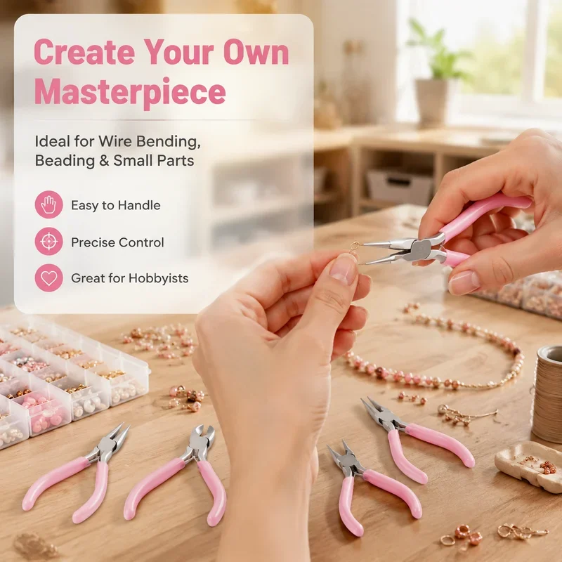 5Pcs Pink Mini Jewelry Pliers Non-Slip Handle Round Needle Nose Cutting Pliers for DIY Wire Wrapping Beading Jewelry Making