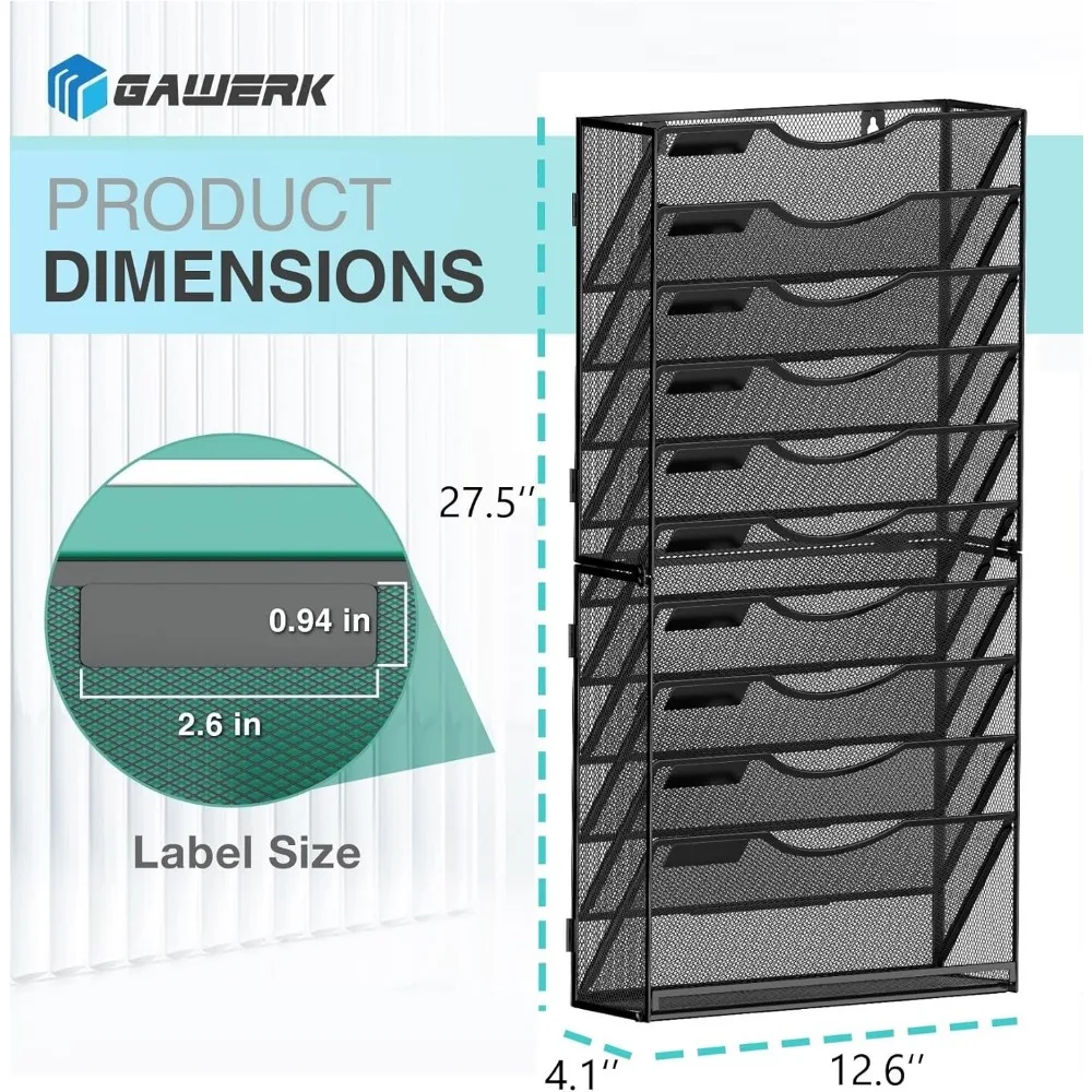 Organizador de arquivos de parede de 11 camadas com compartimentos de malha para escritório, escola e casa - preto